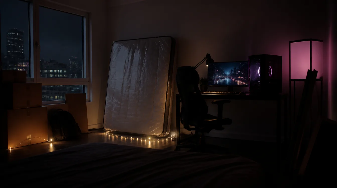 Quarto do primeiro apartamento à noite, colchão novo ainda embalado ao lado do setup e das caixas de mudança