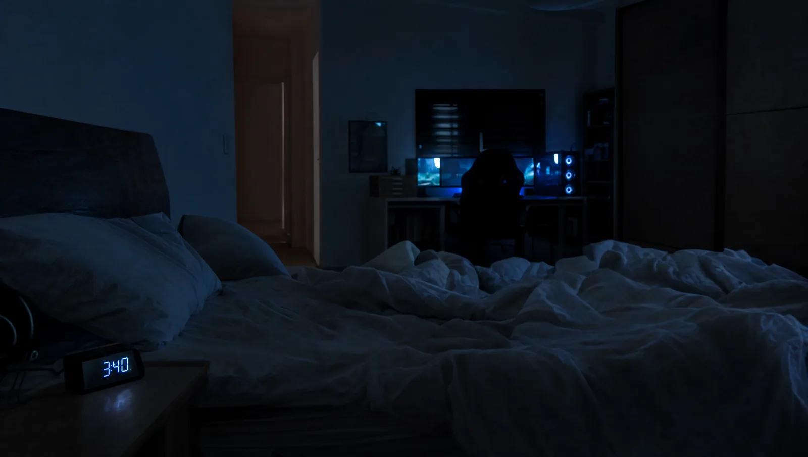 Quarto escuro iluminado pela luz do monitor, relógio marcando 3h40
