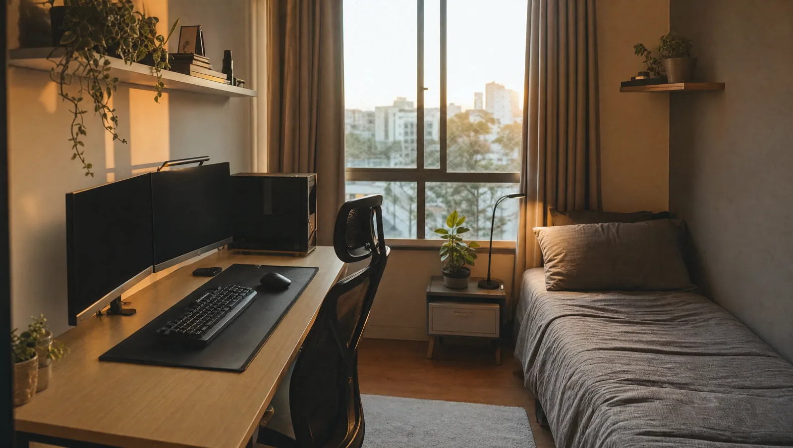 Quarto com setup de computador e cama arrumada, luz de fim de tarde