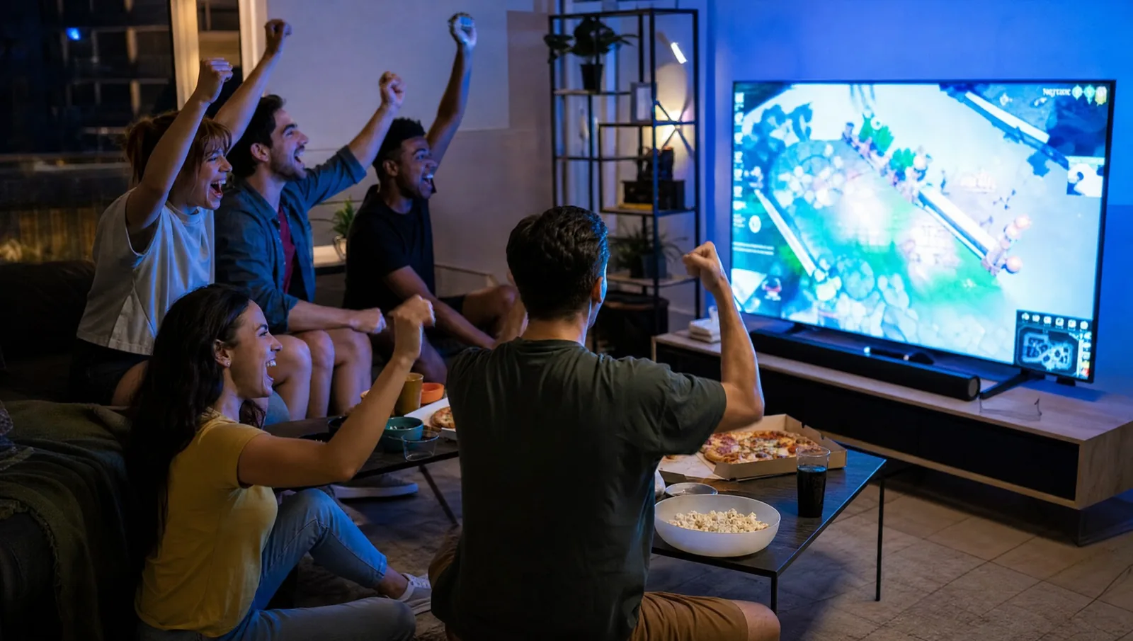 Amigos assistindo esports juntos na sala